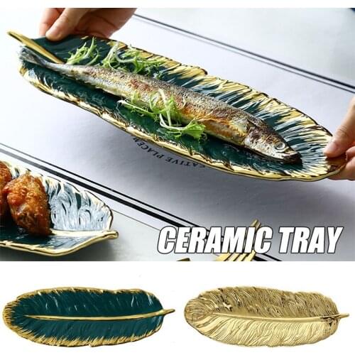 Gold-Plated Ceramic Tray Dark Green Feather Banana Leaf Shape Plate Snack Storage Tray HY99