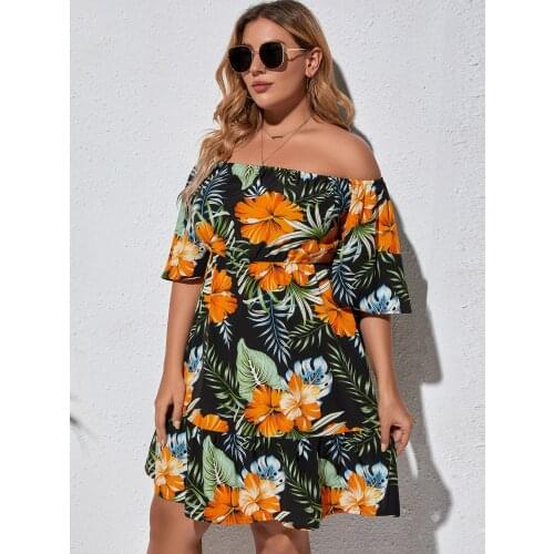Large size waist slimming dress with one line neck and off-the-shoulder dress