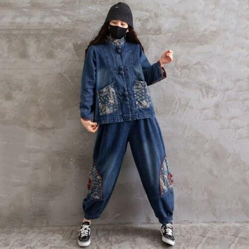 Spring autumn women new retro stitching printed disc button denim jacket + ethnic style elastic waist wide-leg pants sets s126