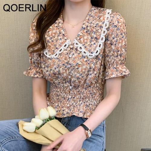 QOERLIN Chic Peter Pan Collar Elastic Waist Shirts Girls Sweet Korean Style Short Sleeve Slim Tops Blouse Fashion Printed Floral