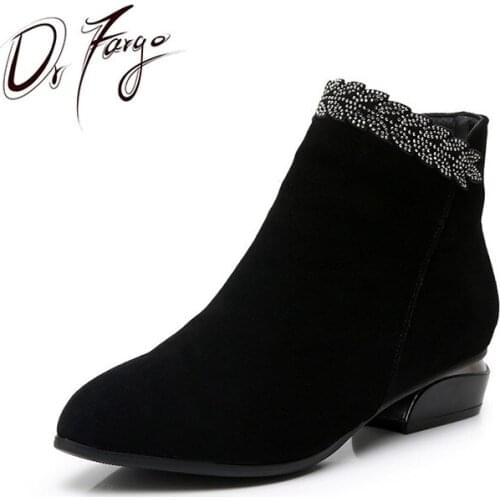 DRFARGO 2019 Genuine Leather Ankle Boots Black Warm Winter Side Zip Square Low Heel Nubuck Shoes Women HN90 size 41 42 43