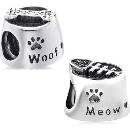 925 Sterling Silver Beads Charms Pet Cat Fish & Dog Bone Bowl Charm Fit Original pandora Bracelet For Women DIY Jewelry Making