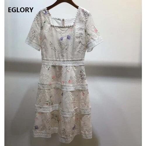 Latest Designer Dress 2020 Summer Ladies Square Collar Lurex Embroidery Lace Patchwork Short Sleeve Slim Fitted Dress Outfits