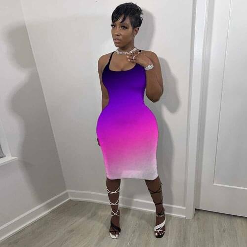 Sexy Gradient Color Print Bandage Bodycon Dress Woman Low Neck Sleeveless Package Hip Dress Summer Backless Knee Length Dresses