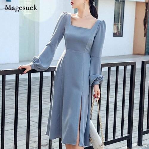 Autumn French Lantern Sleeve Round Neck Dress New Fashion Square Neck Casual Elegant Dress Ladies Pure Color Robe Vestidos 13276