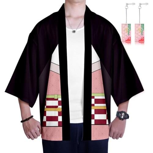 Anime Demon Slayer Kamado Nezuko Cospaly Adult Kimono Cardigan Robe Casual Coat with Earrings