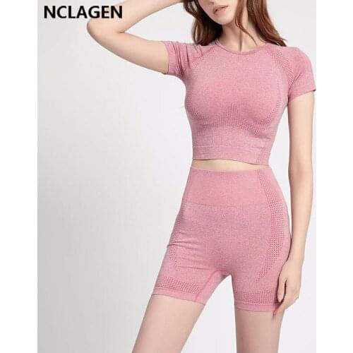 Seamless Yoga Set 2 Piece Women Tracksuit Summer Fitness Suit T Shirt Short Gym Elastic Sportswear Workout Clothes NCLAGEN