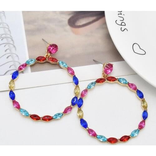 European And American Fashion Color Crystal Big Hoop Earrings For Women Jewelry Summer Beach Party Wild Exaggerated Ear Hoop