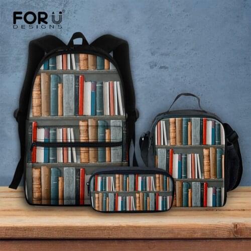 FORUDESIGNS Bookshelf 3D Print School Bags 3Pcs Set for Primary Student Fashion Soft Backpack Mutipurpose Bookbags Mochila
