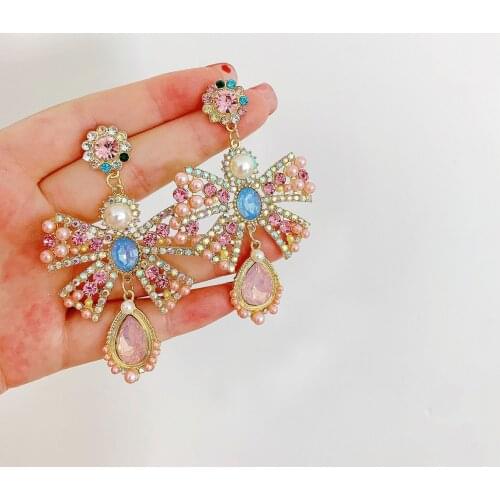 Korean Luxury Pink Rhinestone Bowknot Drop Earrings For Women Fashion Waterdrop Crystal Pendientes Party Jewelry