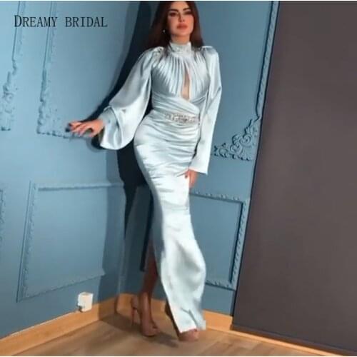 Mint Green Plunging V Neck Celebrity Dresses Pleated Satin Straight Slits Red Carpet Gowns