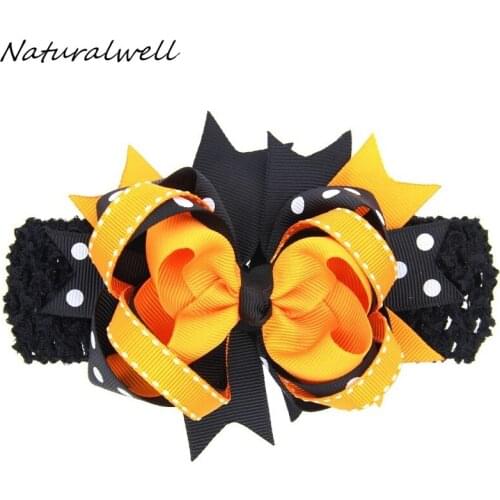 Naturalwell Child Headband Hair Bows Girls oversize Bow Over the Top Halloween Bow Orange and Black Head Bows Photo Prop HB591
