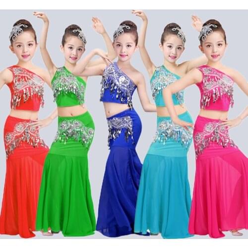 2021 Newest Childrens Dai Dance Dress Peacock Dance Performance Dress Girls Children Fishtail Skirt South Buttock Dance Skirt