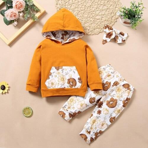 3-24M Autumn Baby Girl Clothes Set Newborn Infant Outfit Hoodie Floral Pants Headband Pullover New Born Clothing Set Vest