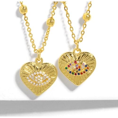 FLOLA Gold Beads Chain Evil Eye Necklace For Women White Stone Crystal Heart Pendant Necklace CZ Zirconia Jewelry Gifts nkes57