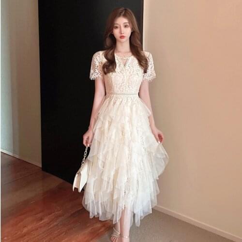 French Romantic Retro Lace Short Sleeve Slim Waist Fairy Summer Holiday Mesh Patchwork A Line Wave Pattern Party Long Dresses