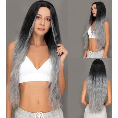Rebcass Synthetic Wig Ombre Black Grey Long Wigs Middle Part Hair Wig Daily Natural Wavy Heat Resistant Fiber for Women Grils