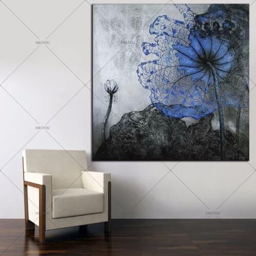 Modern Abstract lotus flower painting on canvas single Blue lotus flower oil paintings abstract art home decoration