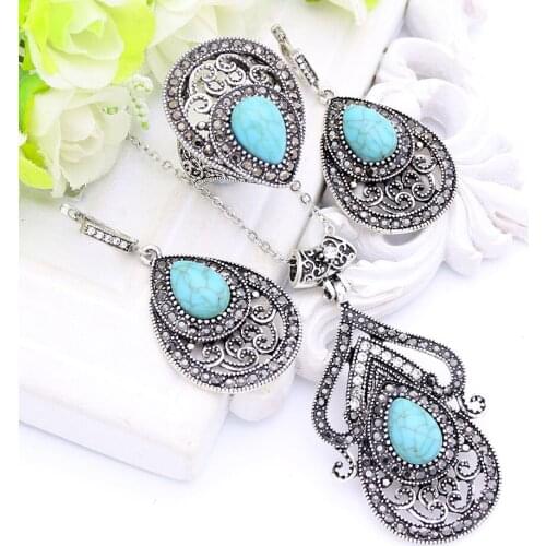 Vintage Turkish Women Green Stone Jewelry Sets Hollow Flower Necklace Hook Earring Ring Antique Color Arabesque Ethnic Jewelry