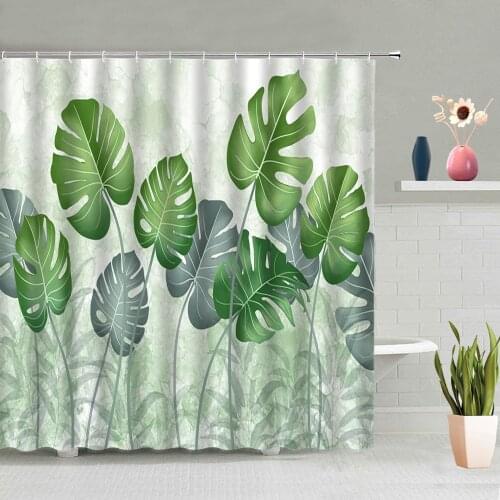 Green Leaves Plants Shower Curtain Sets Tropical Jungle Monstera Palm Leaf Bathtub Decor Screen Waterproof Polyester With Hook