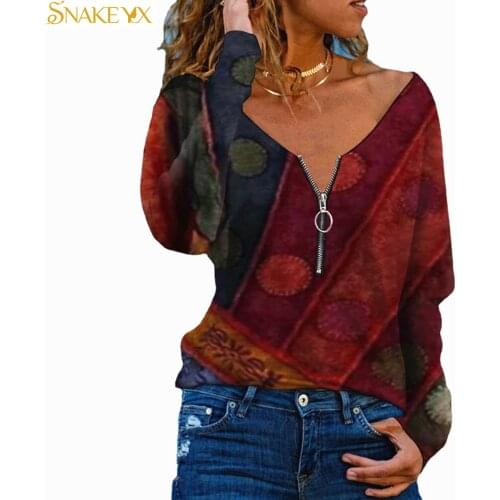 SNAKE YX Graphic Tee Autumn Womens Vintage Printed Plus Size Long Sleeve Zipper V-neck Top Soft Comfortable Long Sleeve Shirt