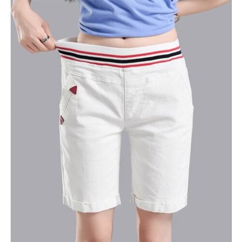 Women Denim Shorts Summer 2021 Fashion Elastic Waist Straight Loose Knee Length Short Jeans Female White Black Blue