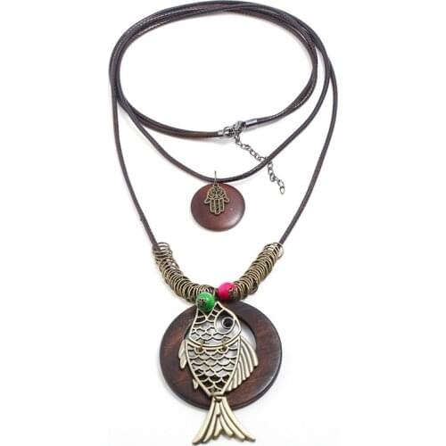 Woman Choker Necklace Vintage Jewelry Chunky Wooden Pendant Retro Party Alloy Fish Hamsa Hand Multilayer Rope Leather Long Chain