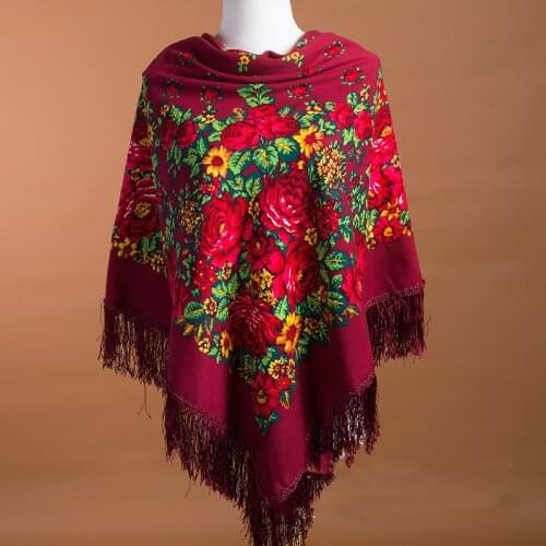 135*135cm Ethnic Style Women Russian Square Scarf Retro Floral Pattern Fringed Scarves Wraps Russia Ladies Headkerchief Shawl