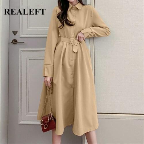 REALEFT Autumn Winter Single Breasted Shirts Dresses with Belted 2021 New High Waist Long Sleeve Women Midi Dress Pockets Female