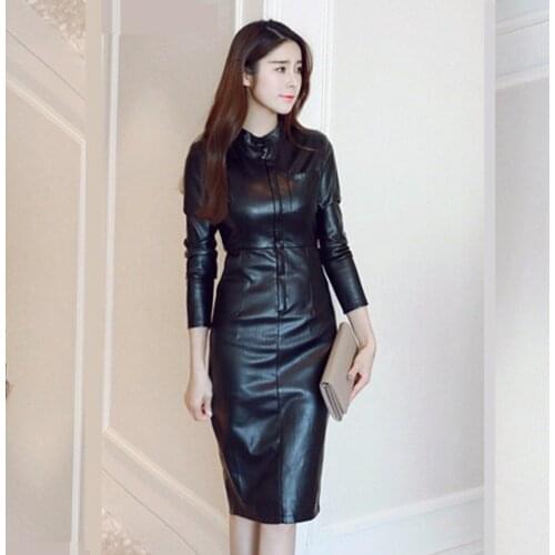 Spring and Autumn Winter New Fashion Stand Collar Front Zipper Pocket Slim Bag Hip Mid-length Womens Black PU Dress JQ181214