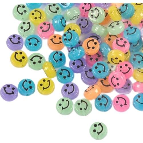 100/200PCs 10mm Mix colour Nocturnal light smiling face Acrylic beads Flat Round Spacer Beads Fit Jewelry Handmade YKL0884