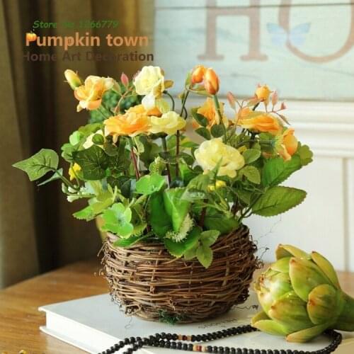 2018 NEW 4 colors optional happy rose+Handmade wicker bird nest basket floral set,home/shop window simulation flower suit