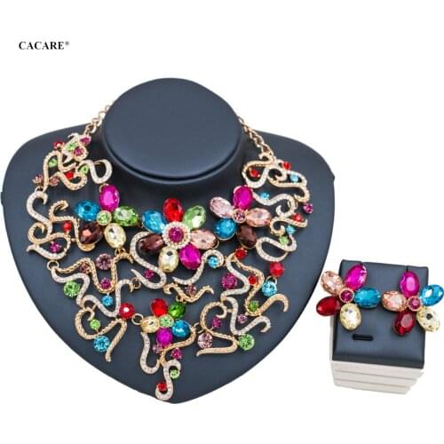 2021 Jewelry Sets Women Party CHEAP Luxury Big Dubai Jewelry Set Gold Colorful Drop Earrings Necklace Set F1077 Statement CACARE