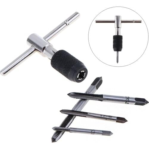 5pcs/set Alloy Steel T-handle Tap Wrench Metric Drift Holder Set with 4pcs M3-M6 Screw Taps for Processing Parts