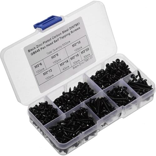 500pcs M3 Black Cross Recessed Round Head Screw Stainless Steel Self Tapping Screws Assortments