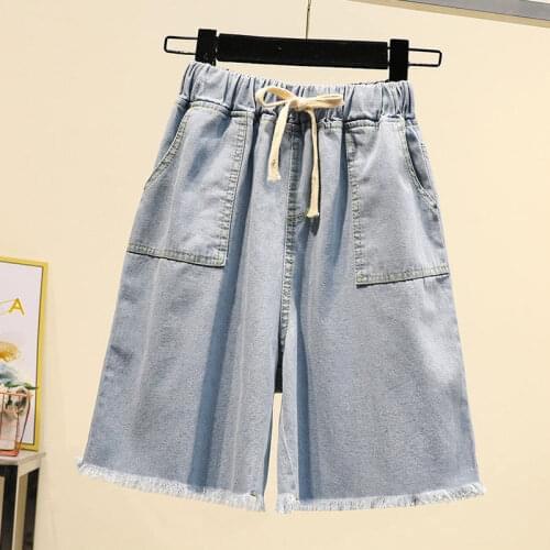 5XL Plus Size Vintage Denim Summer Shorts Women Midi Lace Up Pockets Womens Casual Shorts Capris Loose Jeans Bike Shorts C7369
