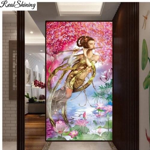 Large Japanese Fairy Blow 5D Diamond Painting Rhinestone Mosaic Lotus Flowers DIY Full Diamond Embroidery For Office Decor F127