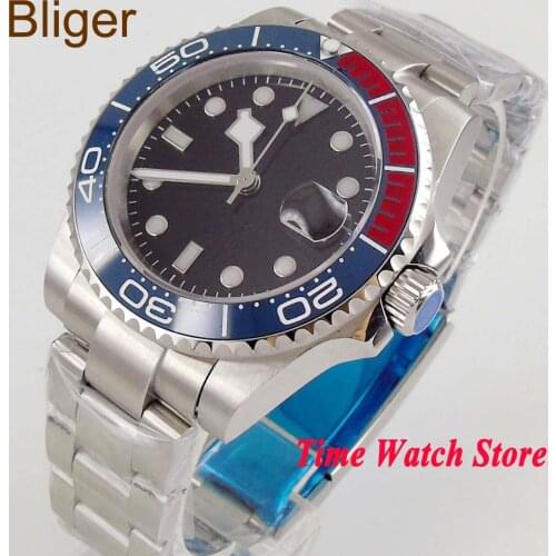 Bliger Quality Luxury 40mm No logo wrist watch men waterproof dive pilot Black dial red luminous sapphire glass Automatic