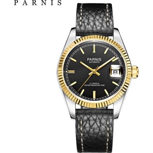 Elegant Royal Mens Mechanical Watch Parnis 35mm 21 Jewels Sapphire Leather Watchbands Auto Date Automatic Watch Men Montre Sale