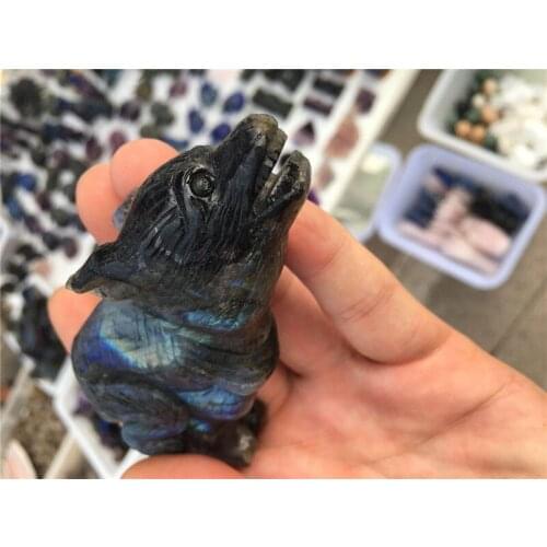 Natural labradorite stone animals, wolves, crystal carved animals moonlight stone Wolf home decoration