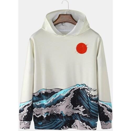 Streetwear Hoodies Mens Sun Waves Landscape Print Japanese Style Daily Pullover Hoodie With Kangaroo Pocket