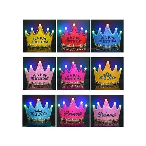 Crown Led Happy Birthday Cap Colorful Non-woven Hat King Princess Luminous Led Birthday Cap Hat Christmas Birthday Crown