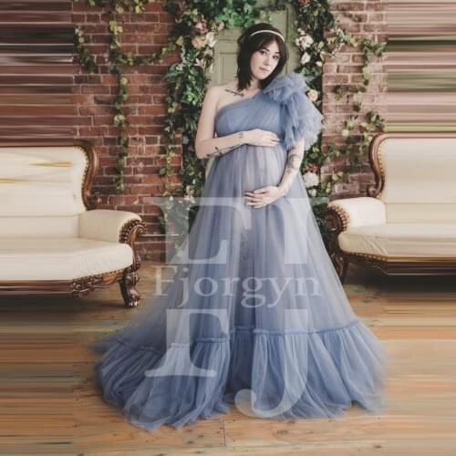 Charming One Shoulder Plus Size Tulle Maternity Robes Puffy Shoulder See Thru Sexy Long Women Pregnancy Gowns