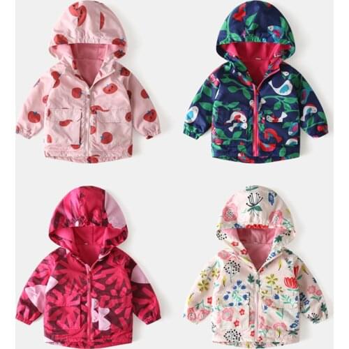 2-7Y New Autumn Winter Jackets Coat For Girls Cartoon Print Plus Velvet Windbreaker Childrens Jacket Mid-Length Windproof Coat