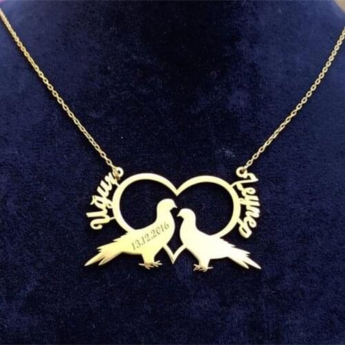 Custom Romantic Love Birds Necklace Personalized Couple Names Necklace Engraved Birth or Wedding Anniversary Date Heart Pendant