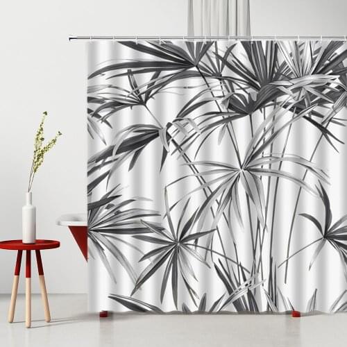 Palm Leaf Shower Curtain Black white Exotic Tropical Natural Plant 3D Printing Machine Washable With Hooks Bathroom Decoration