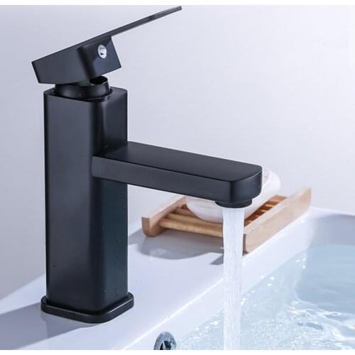 Bathroom Basin Faucet Stainless Steel Fashion Black Copper Bottom Square Single Hole Baking Paint Cold Hot Sink Taps