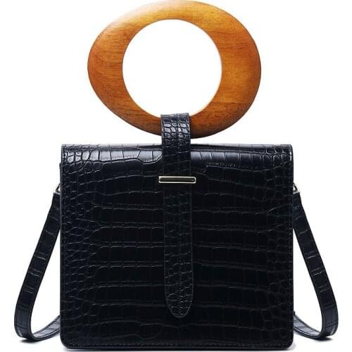 Alligator PU leather women handbag fashion simple retro shoulder bag wooden handle bag versatile crossbody bag