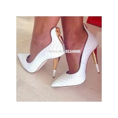 Women Sexy White Crocodile Pattern Gold Spike Heel Shoes Pointed Toe Snakeskin Zipper High Heel Shoes Dress Pumps Party Shoes