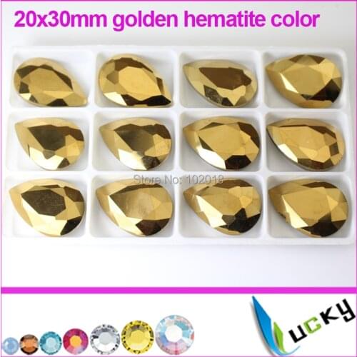 Top Quality Super shine Fancy 18x25mm 20x30mm pear shape golden hematite color sharp back crystals for decorations Freeshipping